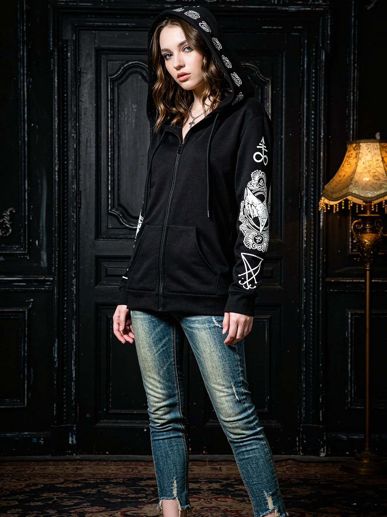Gothic Punk Hoodie Sheep Head Stars Printed Zipper Pocket Long Sleeves Hoodi Women Autumn Dark Occult Skull Graphic Sweatshirt