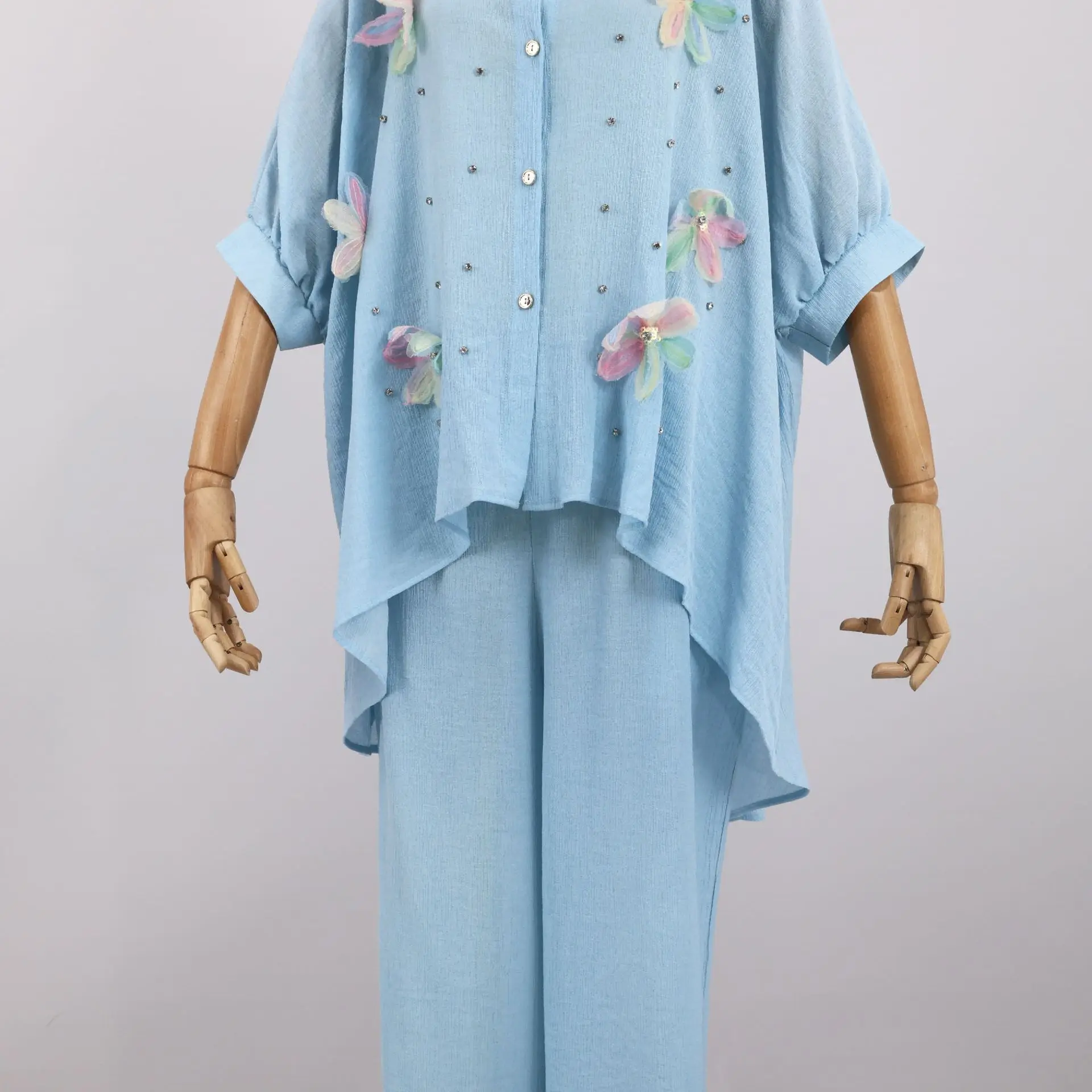 

2 Piece Set Viscose Fiber Flower Tops Pants Eid Muslim Women Abaya Turkey Kaftan Islam Clothing Suit Femme Musulmane Ensembles