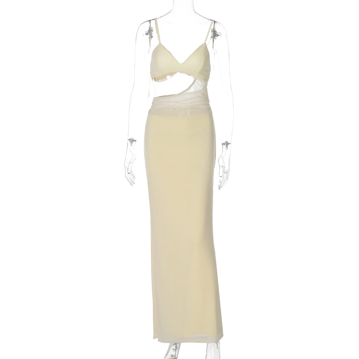 Sheer Mesh Patchwork Sling Bodycon Maxi Party Dress Women Sexy V-neck Spaghetti Straps Backless Slim Holiday Beach Long Robe