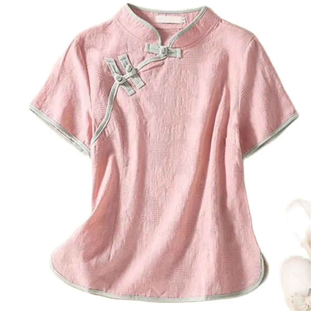 

Рубашка из хлопка и льна в стиле ретро с диагональными полосками, на пуговицах, с рукавом семь точек, Свободный Топ с вышивкой и воротником-стойкой на весну и лето