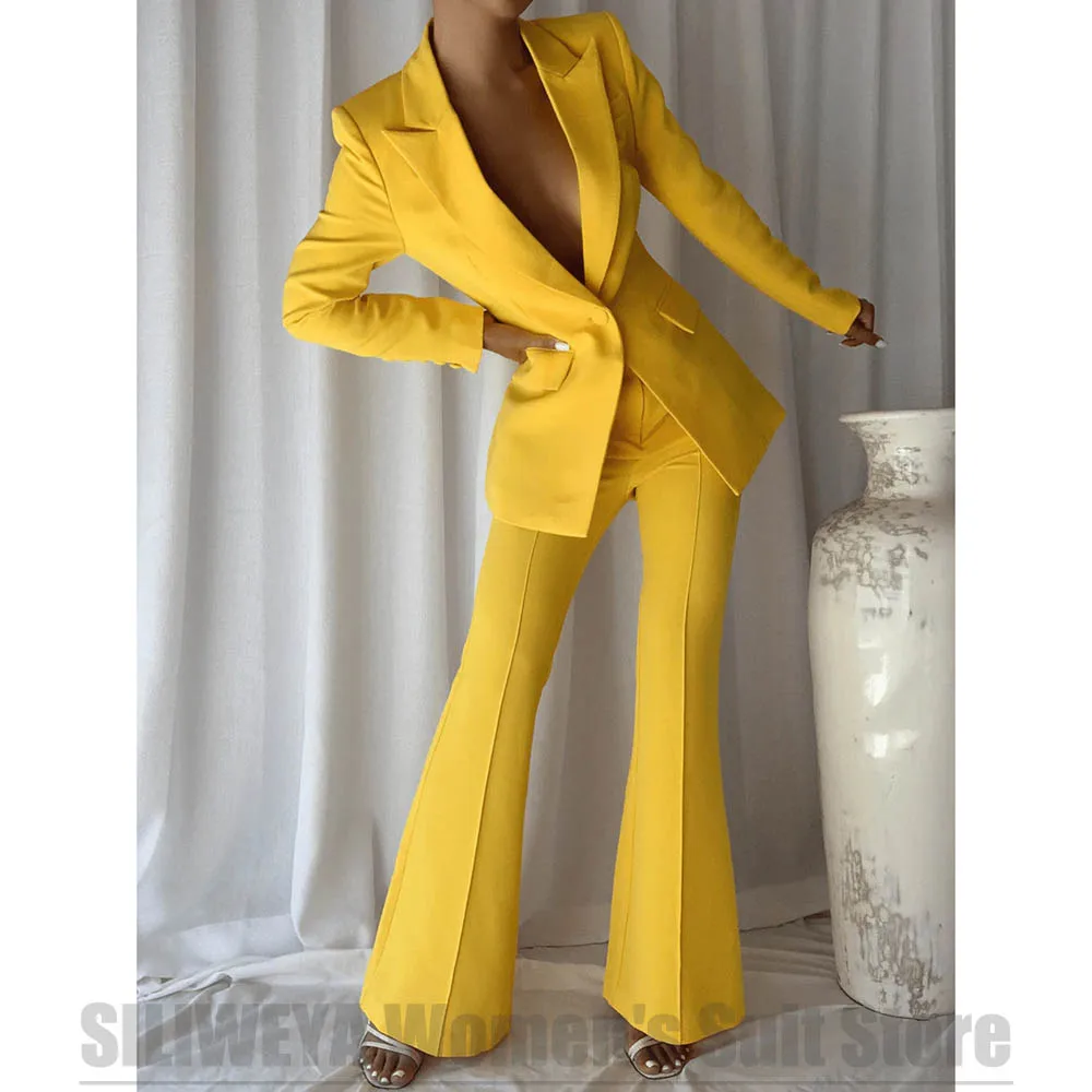 Fashion Women's Suit Blazer with Flare Pants Set Peak Lapel Single Button Outfit Formal Party Casual Two Piece Stylish Suits