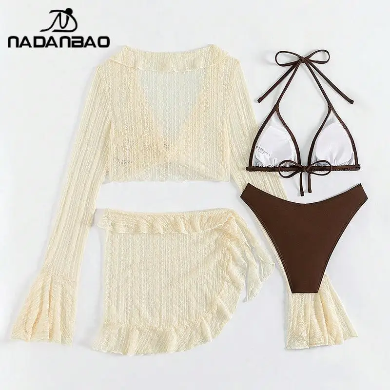 Nadanbao Bikini sexy tinta unita Costume da bagno donna in quattro pezzi Costume da bagno copricostume a maniche lunghe Bikini Beach Costume da bagno casual piscina