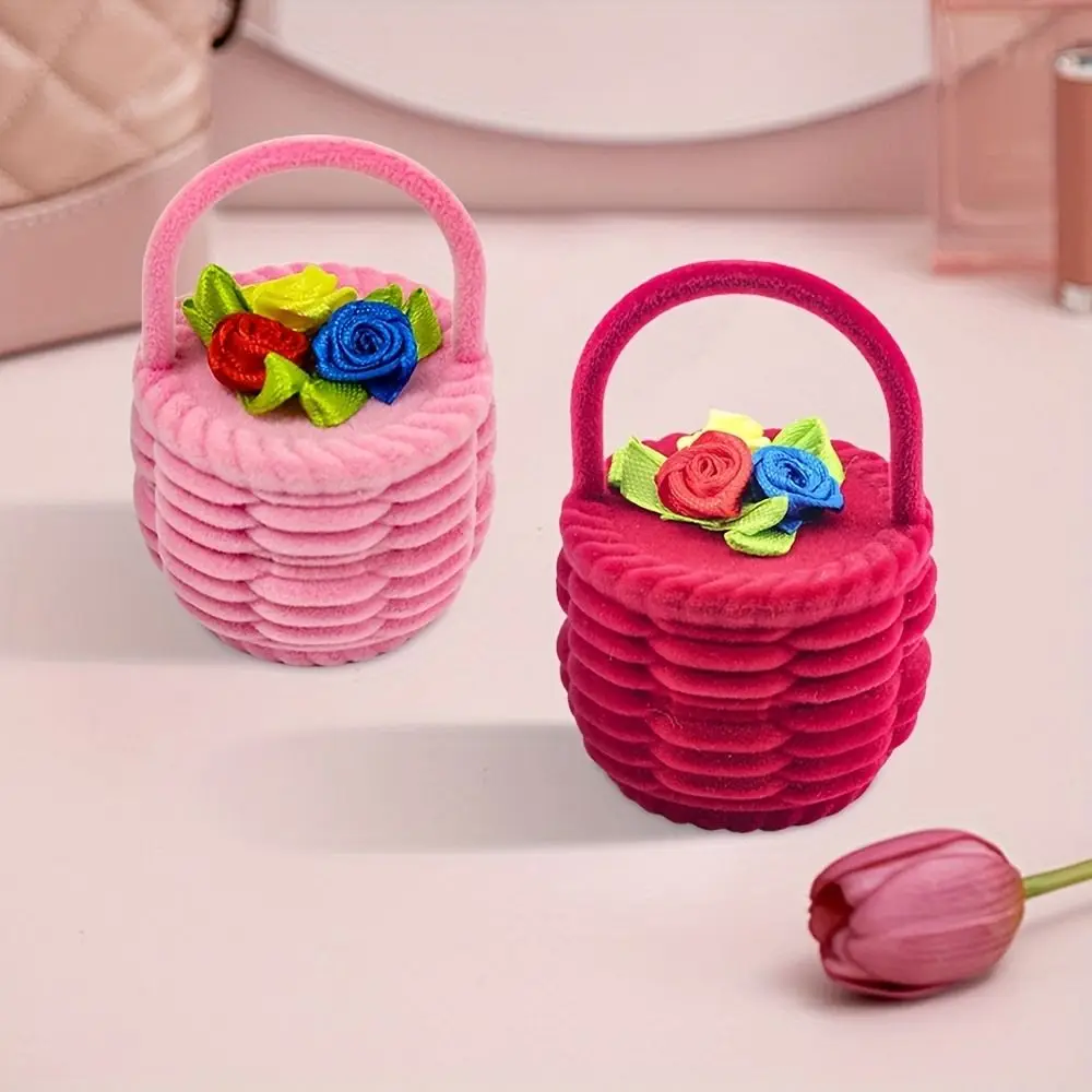 Velvet Material Flower Basket Ring Box Rose Flower Cute Design Jewelry Ring Box Romantic Style Display Function Jewelry Case