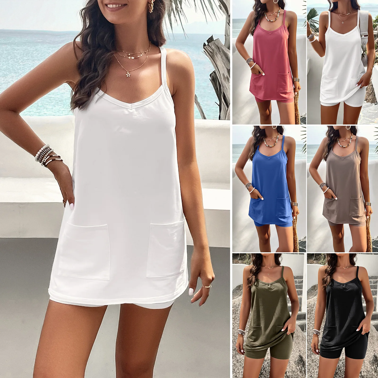 

Women's Clothing 2025 Spring and Summer Leisure Vacation Solid Color Pocket Suspender Pants Set Ensemble Femme 2 Pièces Été