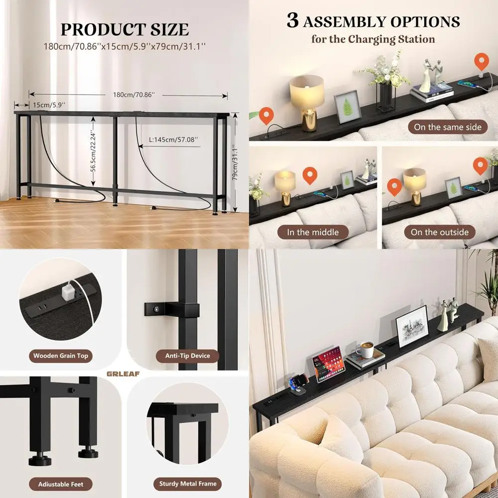 

70 Sofa Table with 4 AC Outlets & 4 USB Ports, Metal Frame, Easy Assembly, Ideal for Behind Sofa, Hallway, Living Room, Home Off