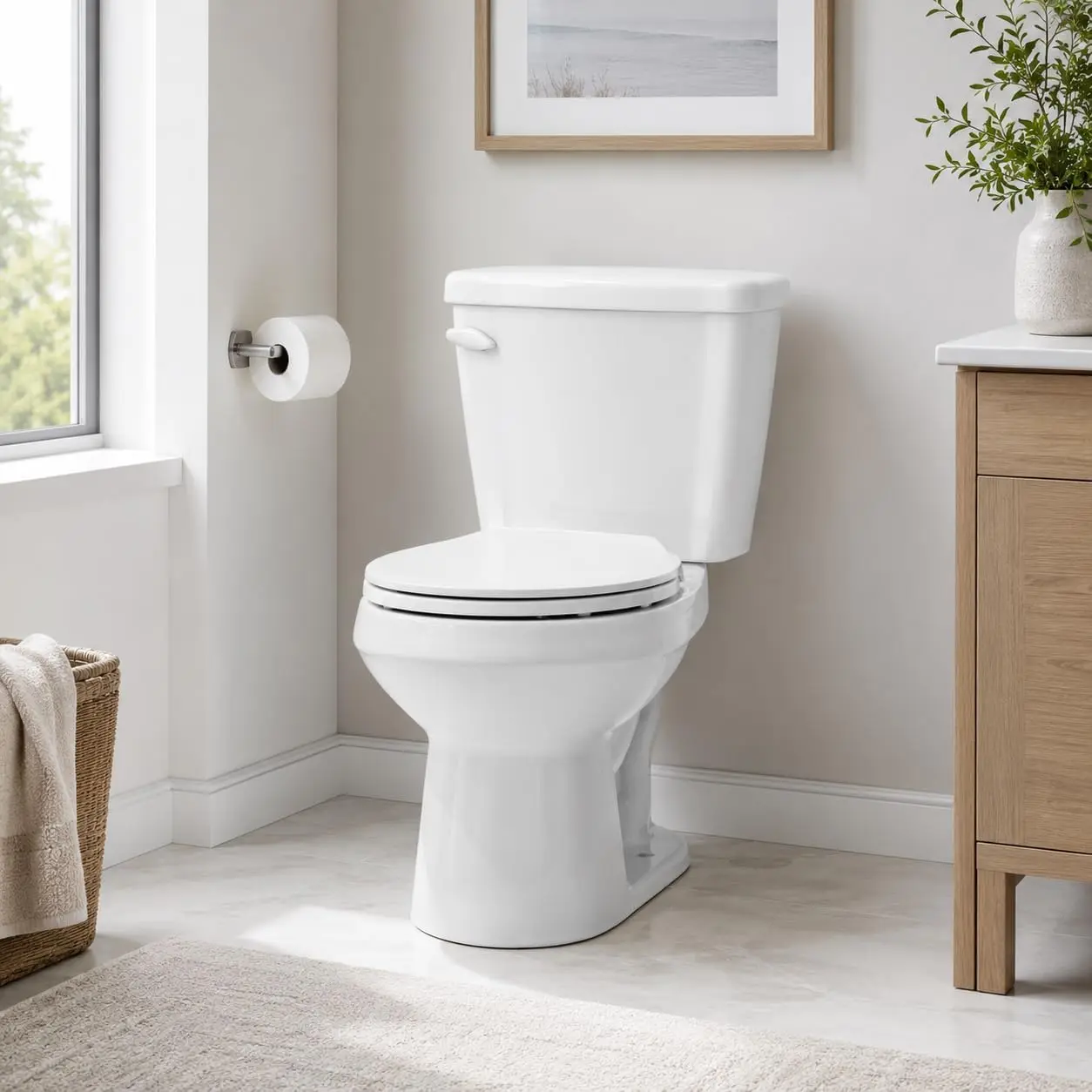 Space Saving 15 Inch Round Front Two Piece Toilet, Compact Side Flush White Ceramic Commode for Small Bathroom, 1.28 GPF Siphoni