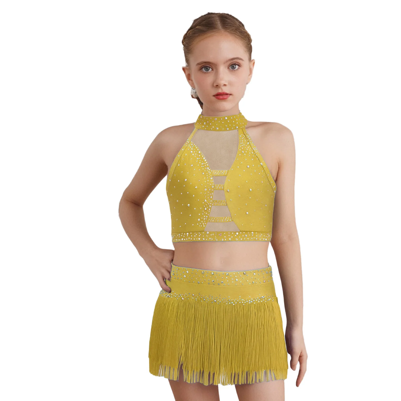 

Kids Girls Rhythmic Latin Dance Fringe Crop Top Tiered Tassel Vest Briefs Skirt Stage Show Competition Daily Training Dancewear