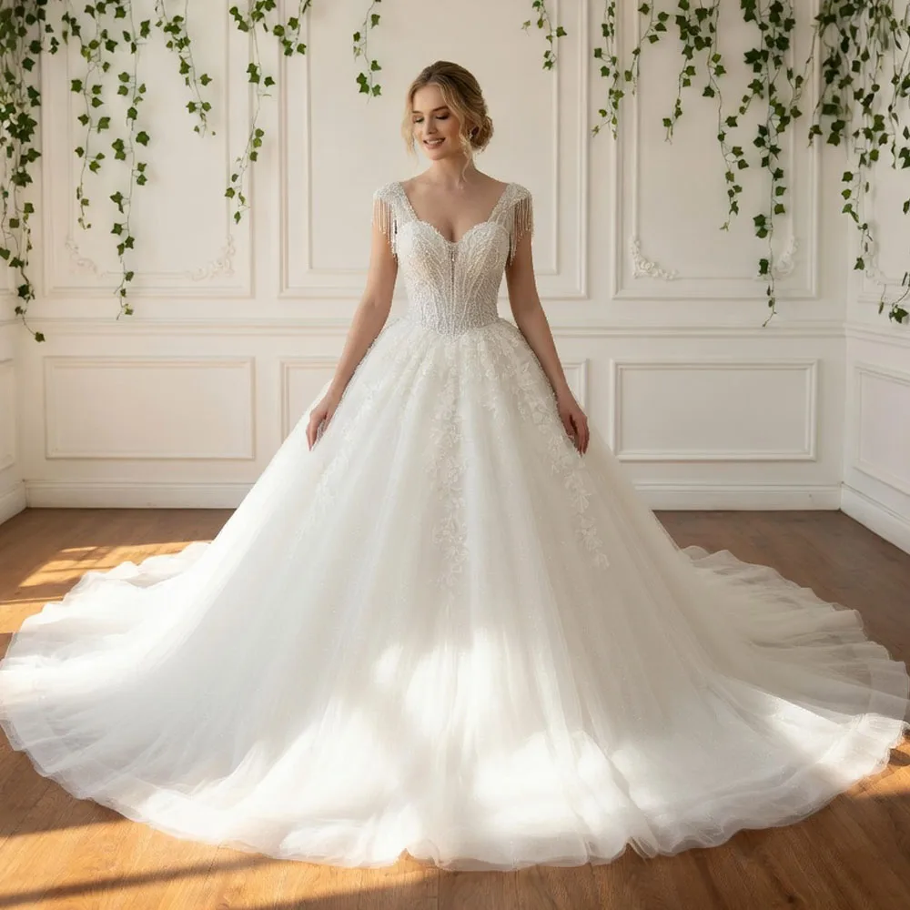 

Elegant Luxury Wedding Dress V-Neck Sleeveless Lace-Up Back Embroidery Beading Ball Gown For Brides