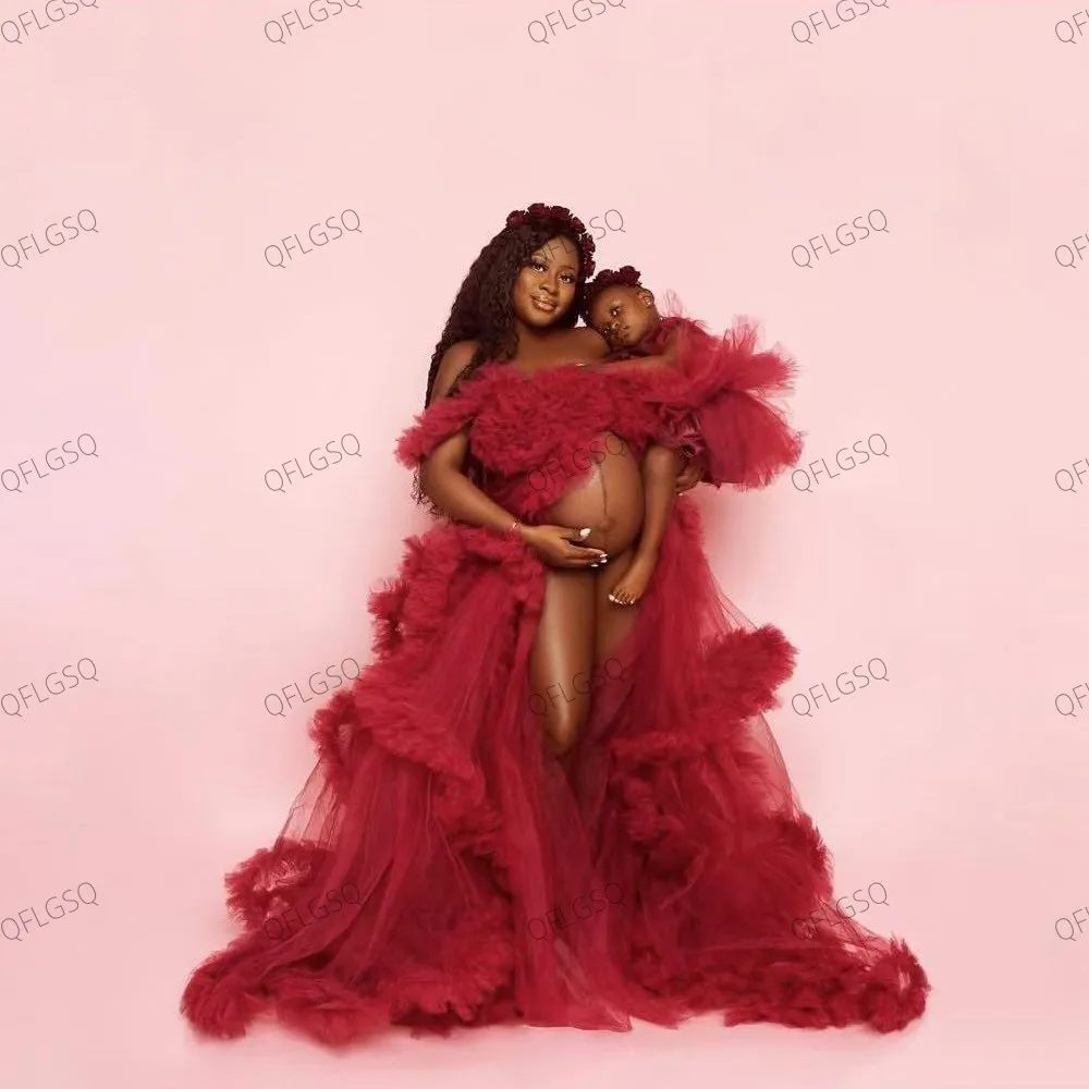 

Elegant Puffy Ruffle Maternity Tulle Dresses Dark Red Custom Made Long Extra Puffy Pregnancy Dresses Photo Shoot Maxi Gowns