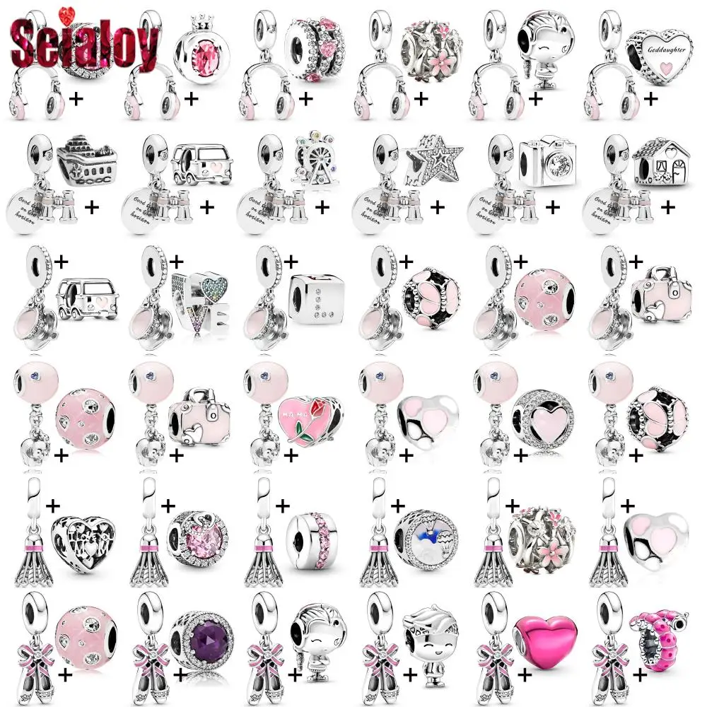 Seialoy 2pcs Pink Headphones Binoculars Charm Girl Heart Suitcase Beaded Dance Shoes Hot Air Balloons Pendant DIY Accessory