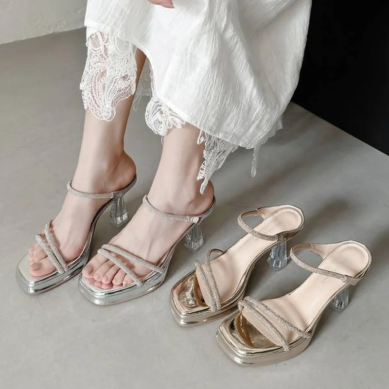 Women Rhinestone Ankle Strap Sandals Square Toe Platform Clear Crystal Block Heel Patent Cow Leather TPR Sole Summer Shoes F145
