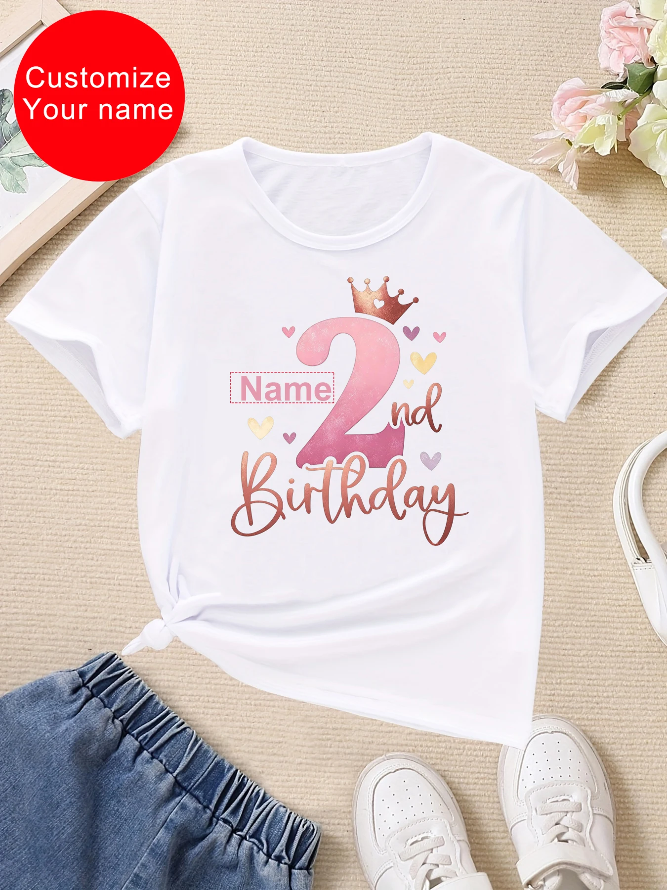 Customize Your Name 2nd Birthday Crown Hearts Printed T Shirt Girls  The Best Birthday Gift T-Shirt White/Black/Purple T-Shirt