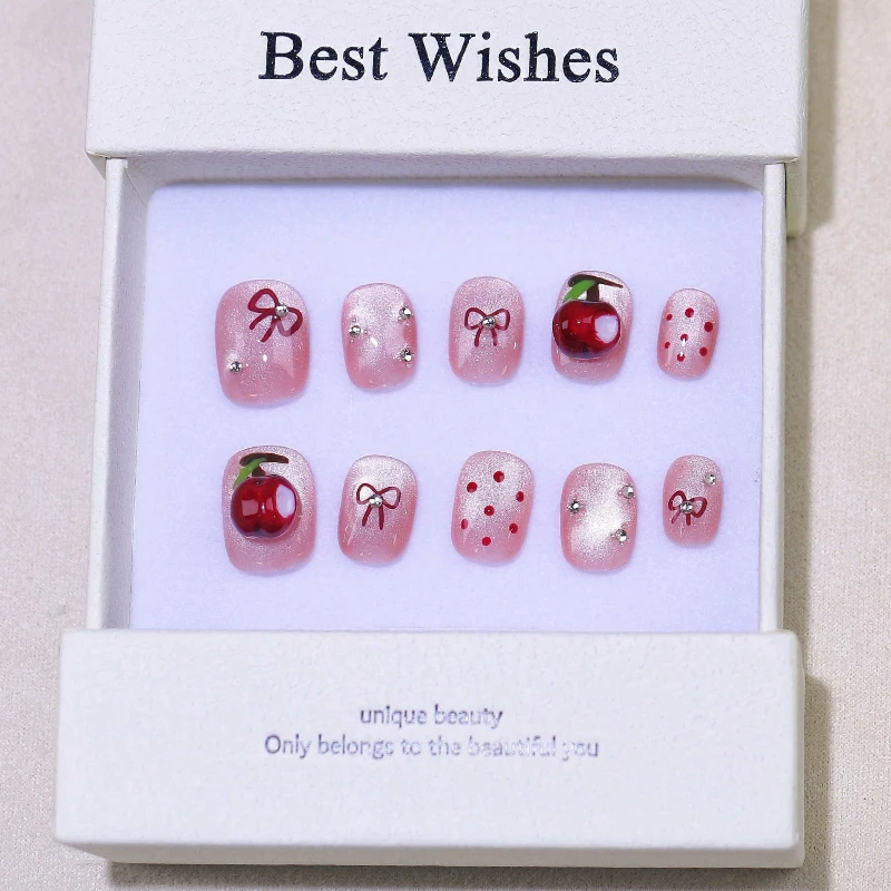 Short Square Nails Cat Eye Fake Nails with Apple Bow Print Design Nail Tips Cute Beauty Full Cover Press on False Nails Handmade