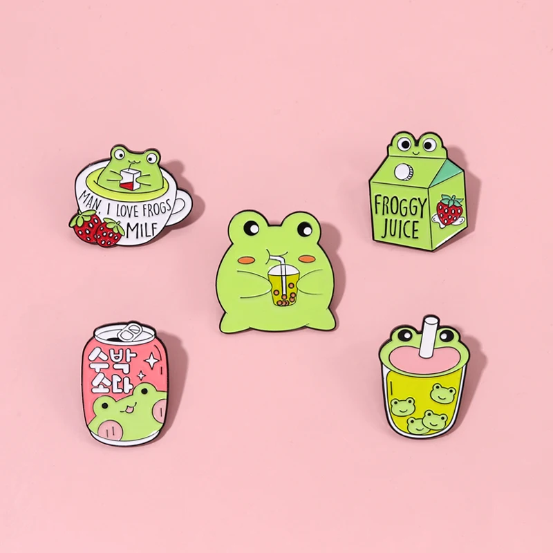 Froggy Enamel Pins Collect Cute Frog Coffee Mug Milk Juice Can Brooches Lapel Badges Animal Jewelry Gift for Kids Friends