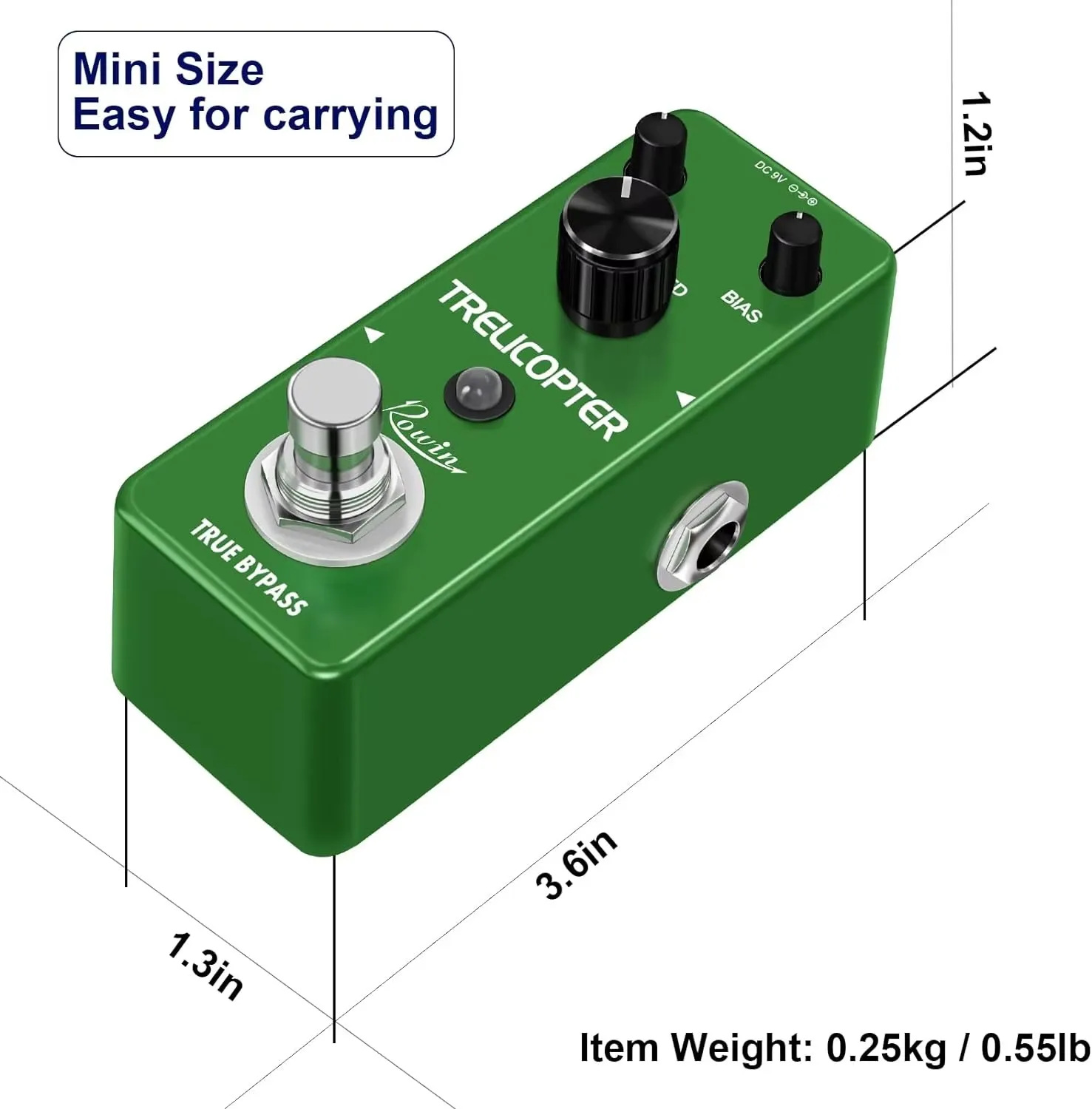 Rowin Guitar Pedal Tremolo Effect Optical Trelicopter Pedal Vibrato Speed/Bais/Depth Modes Mini Size for Electric Guitar Bass