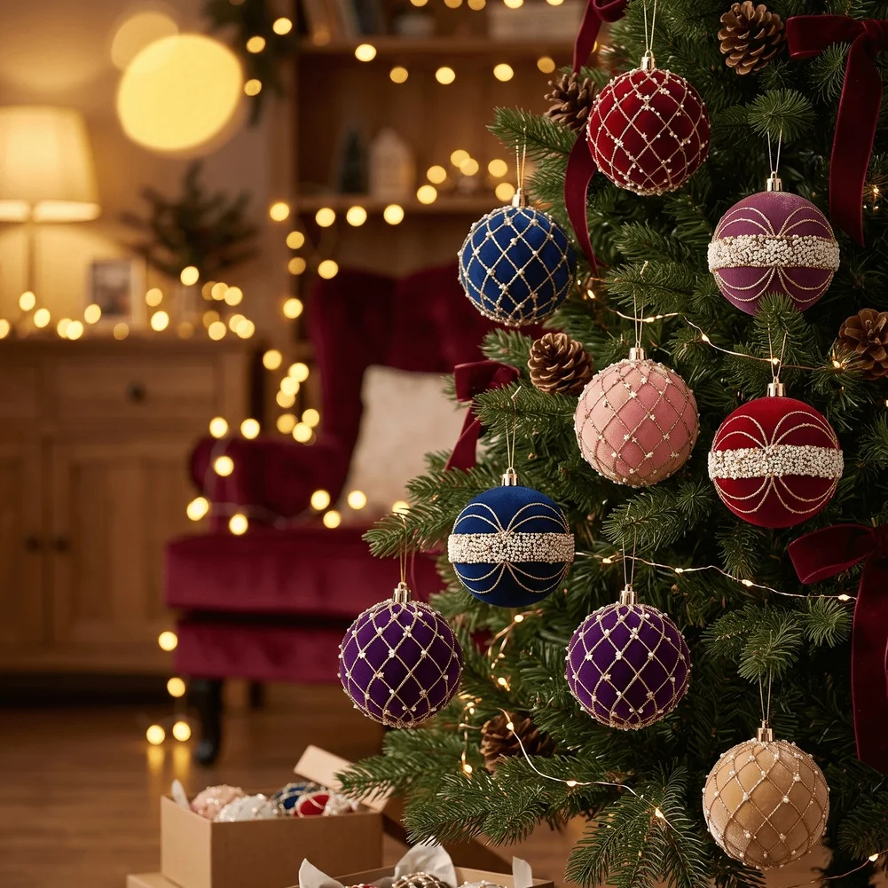 9Pcs 8cm Festive Christmas Finish Star Pearl Hanging Spheres Trimming Xmas Tree Pendant Holiday Home Indoor Party Decor Supply
