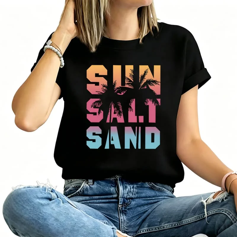 Sunshine Beach Letter Print Women's T-Shirt 100% Cotton Funny Graphic Short Sleeve Tee Novelty Shirt Casual Crew Neck Top S-5Xl