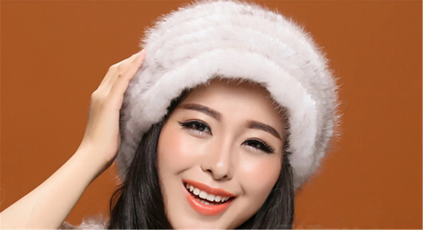 Large Size Women Winter Autumn Outdoor Thick Warm Hat Female Genuine Mink Fur Knitted Caps with Brim