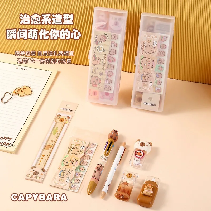 8 Pieces Capybara Stationery Set Children Back To School ruler sticky note pencil sharpener correction tape Frosted pencil case