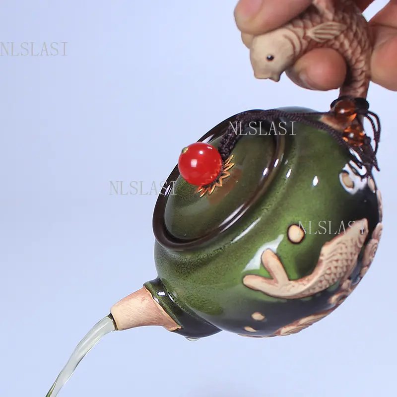 200ml Koi Fish Ceramic Teapot with Fish Shaped Handle and Relief Carving Green Glaze Kung Fu Teapot for Tea Ceremony and Gift