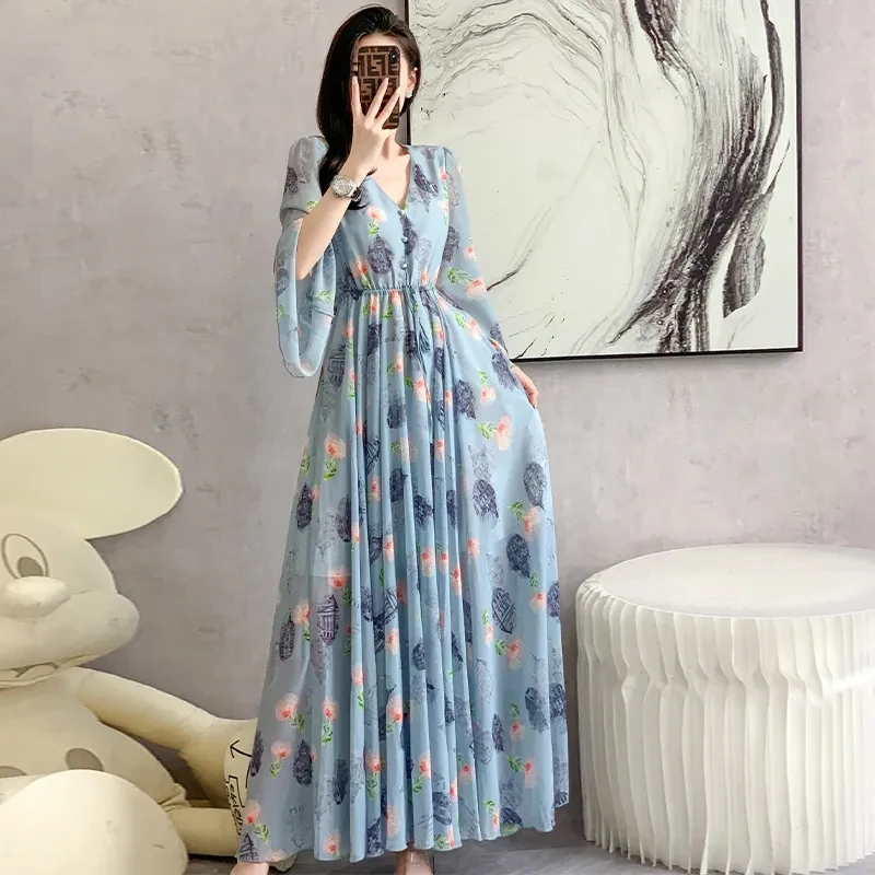 Summer Long Seeve V-Neck Sexy Midi Dress Women Casual Floral Beach Chiffon Boho Beach Dress 2024 Elegant Bodycon Party Vestidos