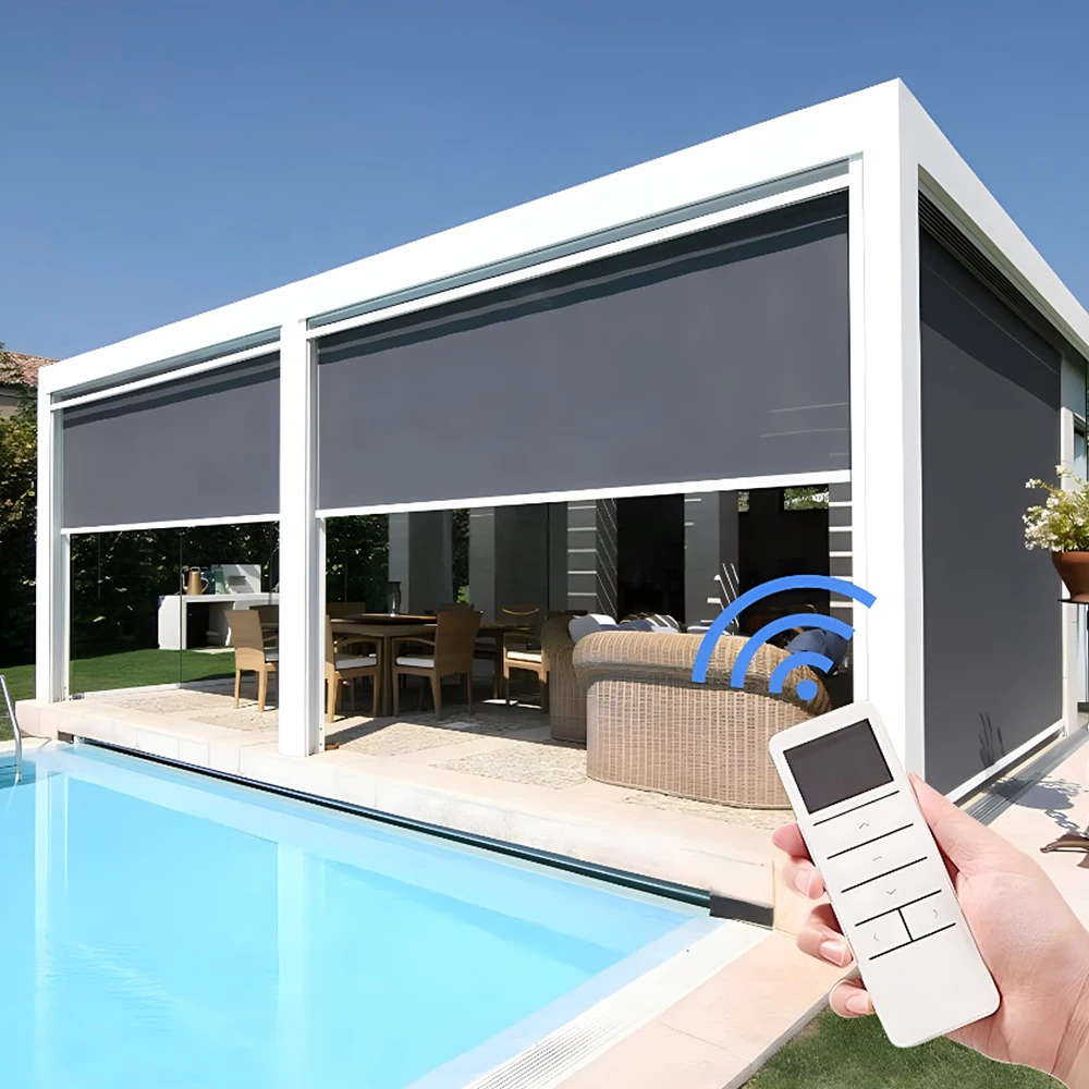 

Custom Size 100% Blackout Cordless Roller Shades Motorized Roller Blinds with Side Tracks