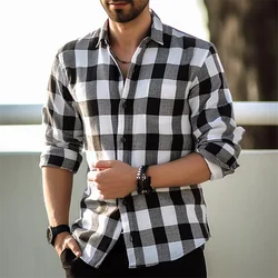 black and white Plaid Shirt Men's Shirt Long Sleeve Fashion New 2024 Button Lapel Shirt Street Loose Casual Breathable 9 Colors