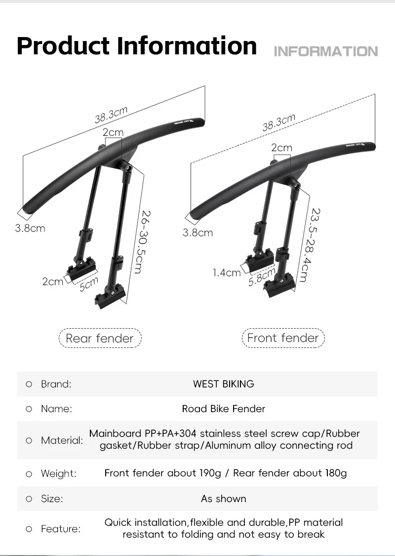 WEST BIKING Schnellspann-Fahrradkotflügel 3,8 cm breit, Doppelstangen-Schutzblech-Set für Rennrad, Gravelbike, Fahrradzubehör für Regenfahrten – Detail 3