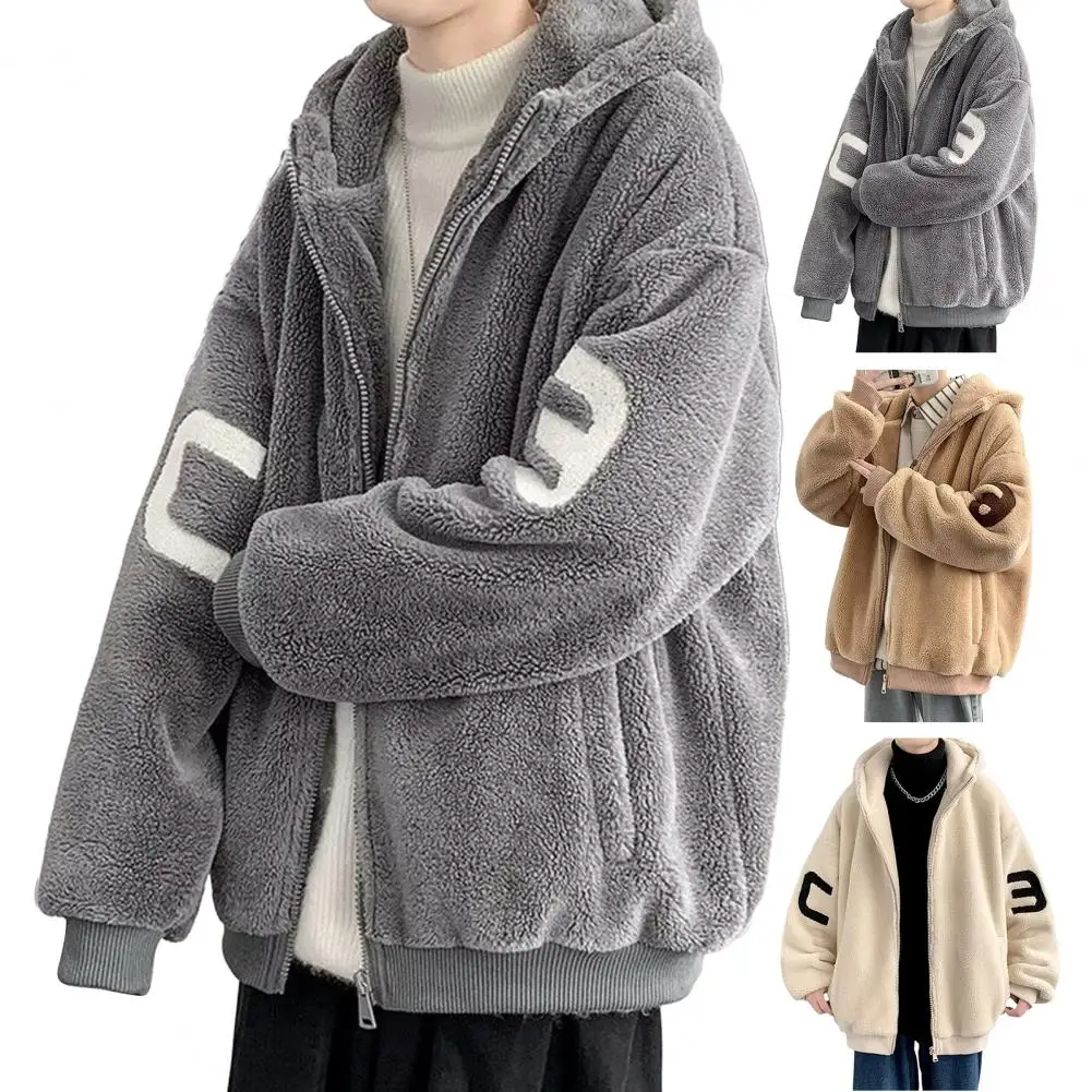 Hooded Coat with Velvet Design Plush Hooded Men's Winter Coat with Letter Decor Zipper Closure Cozy Mid Length Jacket for Fall