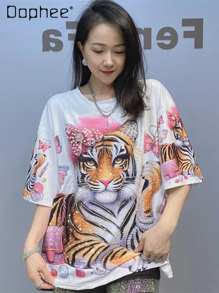 Crew Neck Short Sleeve T-Shirt Women's Summer 3D Printing Casual Tops Fashion Beaded Half Sleeve Cartoon Tiger Head Top