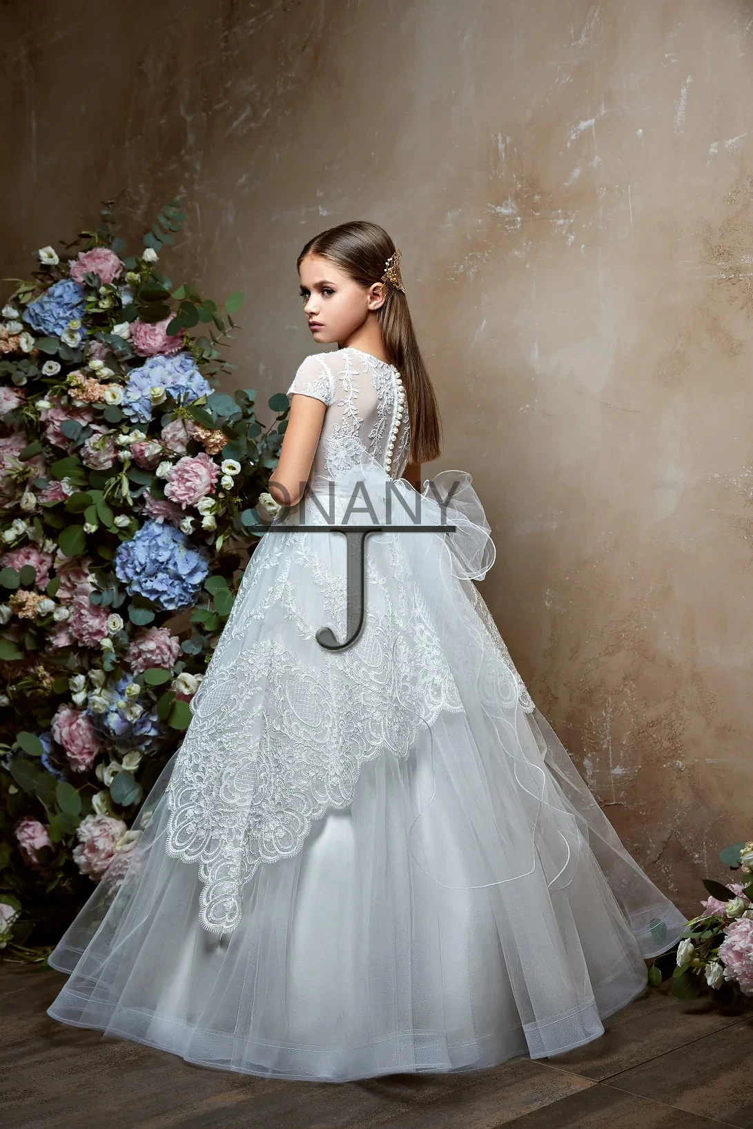 JONANY-Vestido de flores de lujo para niña pequeña, apliques de cuello redondo, personalizado, fiesta, graduación, desfile, ceremonia de primera comunión