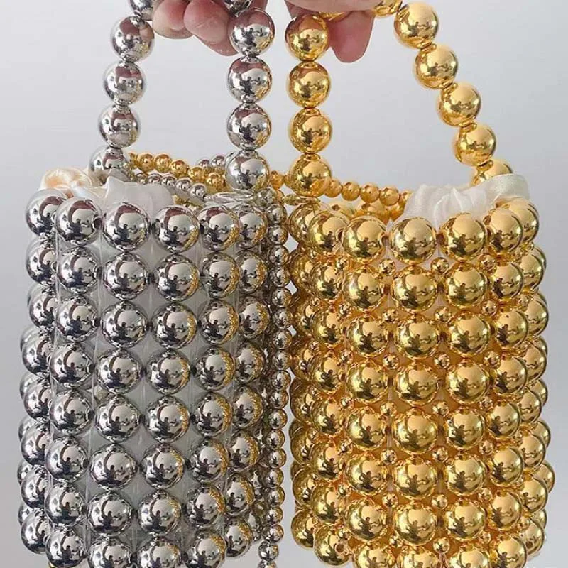 Metaillic Colored Acrylic Beaded Bucket Bag Fashion Silver Gold Women Evening Tote Bag Crossbody Shoulder Messenger Party Purse