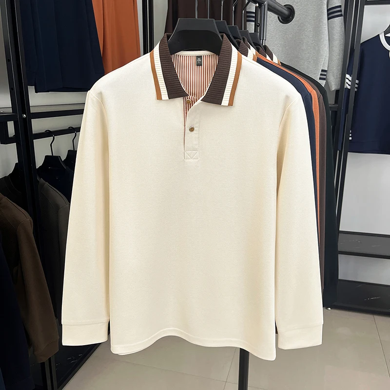 Light luxury men's long sleeve polo shirt fashion stripes color blocked lapel T-shirt new soft comfort casual high-quality top