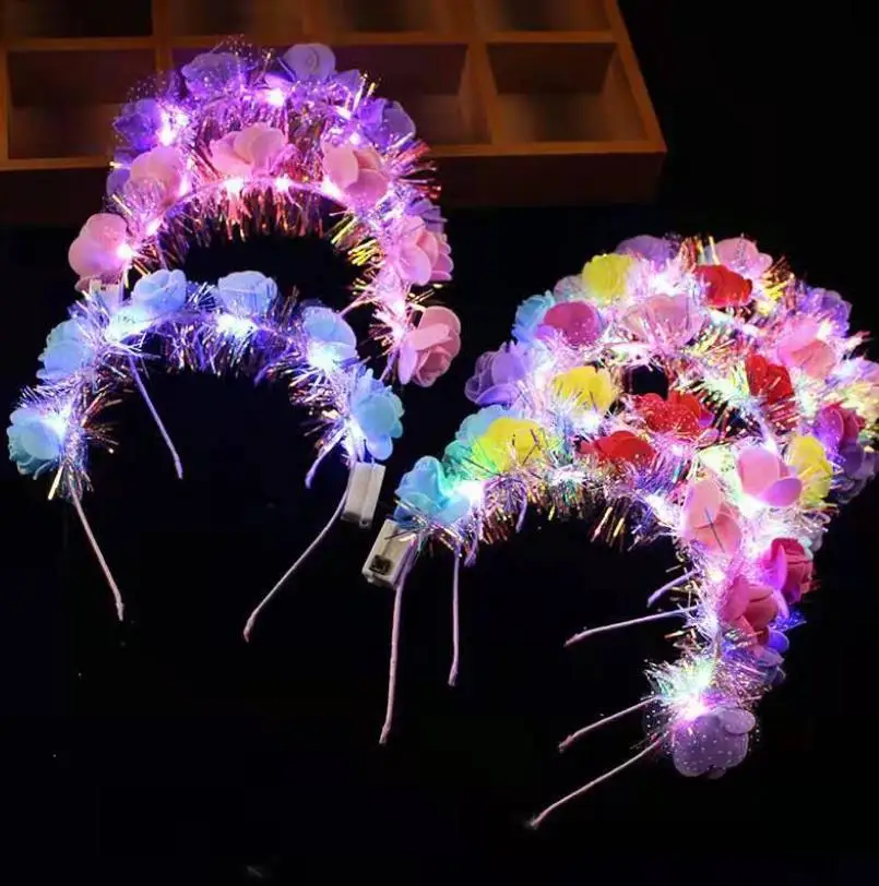 

25pcs Lighted Up Tropical Flower Crown Headband Colorful LED Glow Foam Floral Wreath Beach Vacation Wedding Party Photo Prop