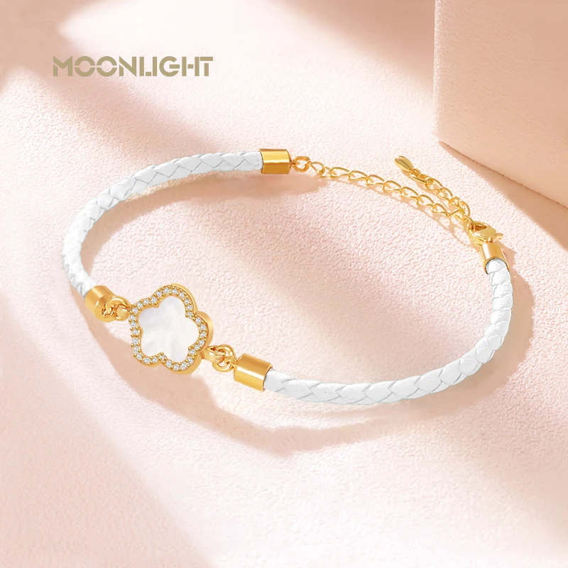 MOONLIGHT Classic Design Natural Shell Four-Leaf Clover Bracelet for Women Adjustable Charm Leather Bracelet Female Jewelry Gift