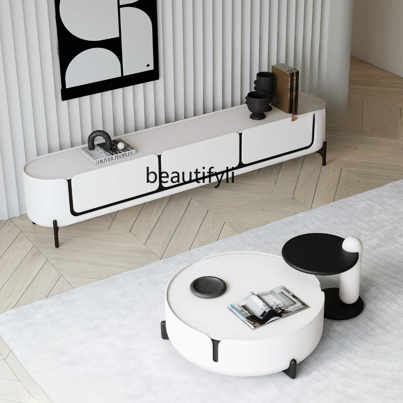 

Home French Cream Style High Living Room TV Cabinet and Tea Table Combination Storage Cabinet Integrated