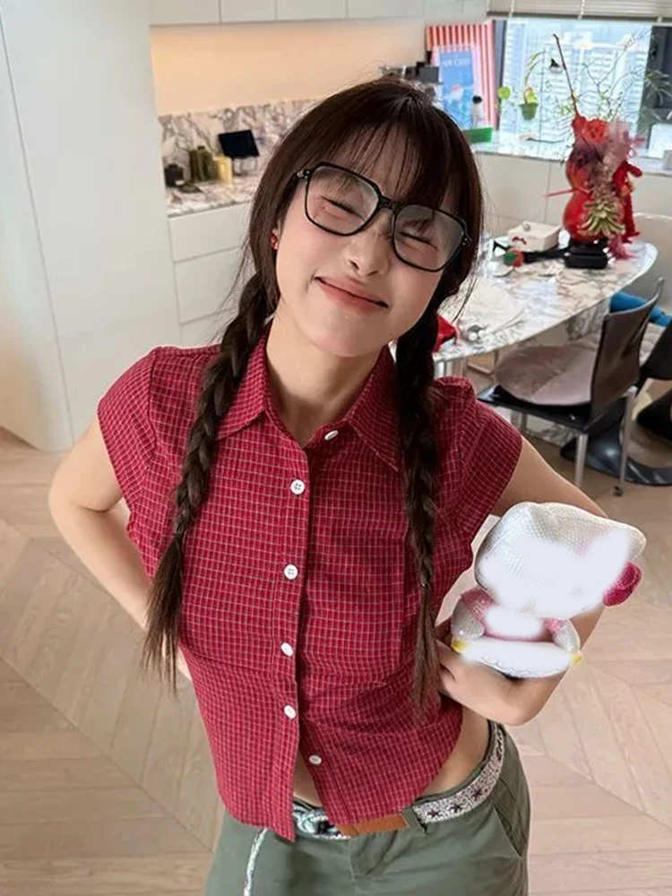 

Pure Cotton Red Plaid Shirt Women Slim Sexy Cropped Short Sleeve Y2k Blouse Vintage American Streetwear Female Summer Tops