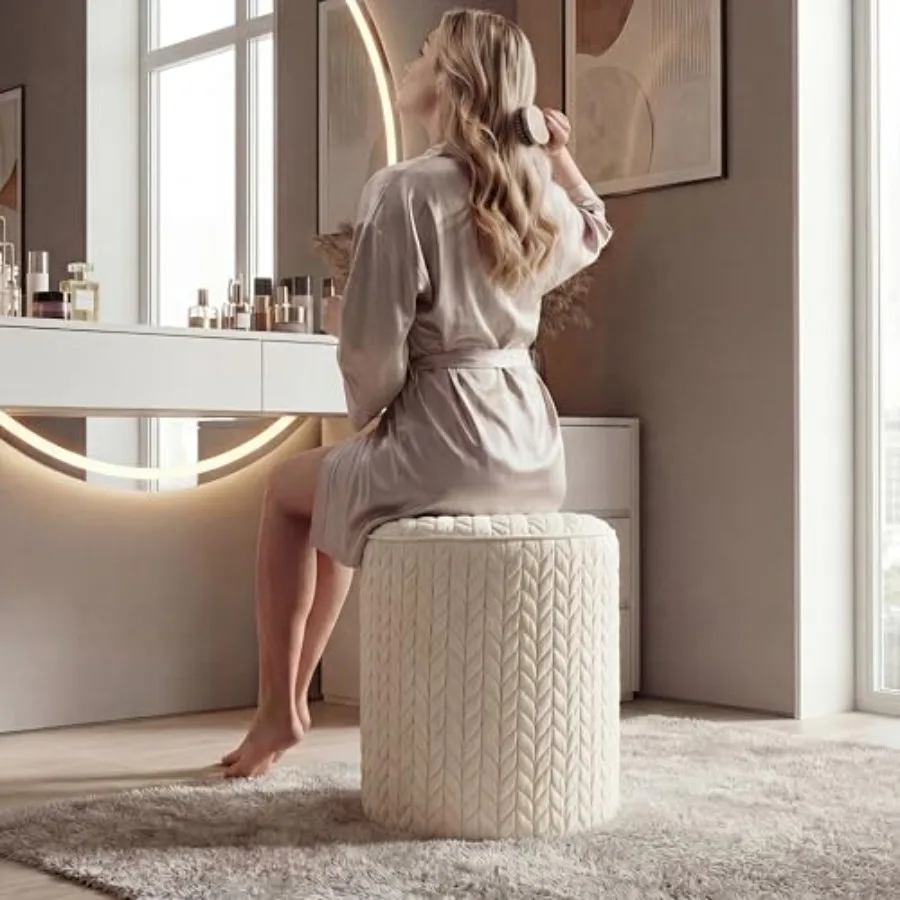 

Modern Round Vanity Stool Small Wheat Pattern Ottoman Cute Velvet Foot Stool Tufted Fabric Footrest Upholstered Vanity Chair St