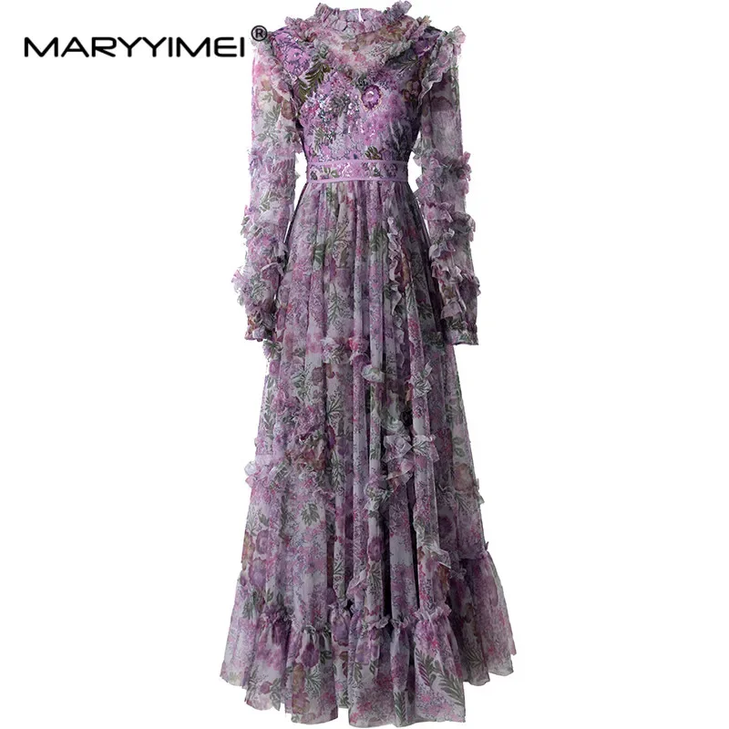 MARYYIMEI Spring Summer Women's Dress Long Sleeved High Waisted Edible Tree Fungus Edge Embroidery Sequins Mixi S-4XL Dresses