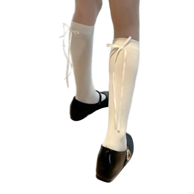 270D Japanese Women Girls Elegant Ribbon Bowknot Long Tube Socks Elegant Breathable Cotton Students Knee Length Stockings