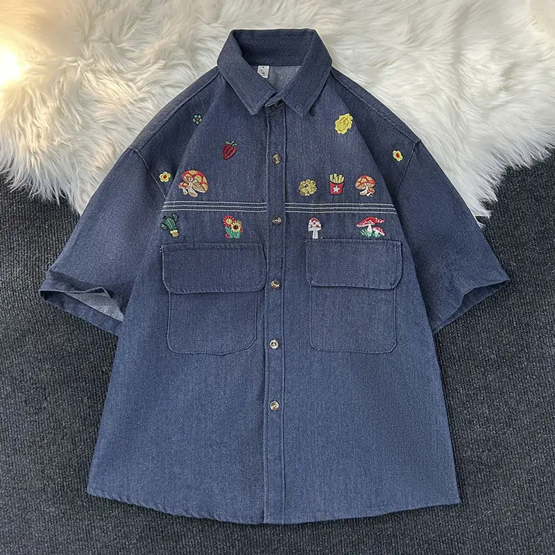 Summer new embroidered cartoon denim shirt for men and women loose fitting casual American retro short sleeved lapel couple top