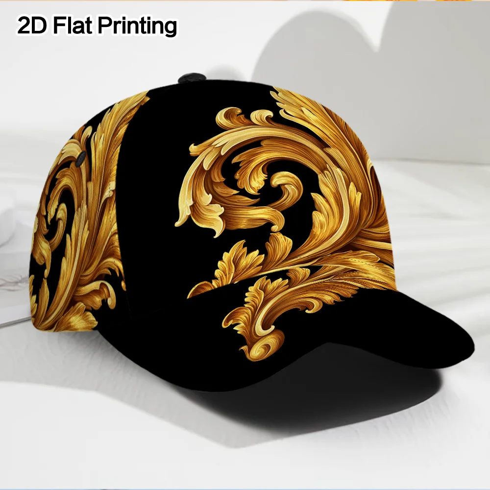 Custom 1pc, Two-Dimensional Flat Golden Baroque Swirl Print Classic Baseball Cap – A Lightweight Polyester Duckbill Hat With