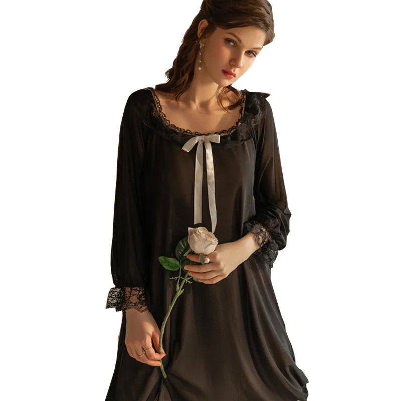 Sexy nightdress women's thin lined double-layer long-sleeved long black lace mesh sweet and pure princess style pajamas