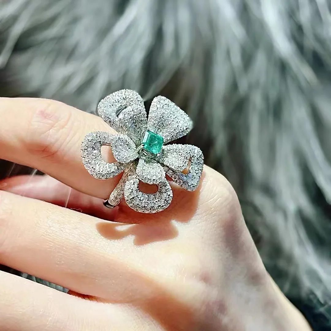 Vintage Full Diamonds Green Gem Flower rings for women high-quality Wedding Sparkling Engagement Ring silver 925 Fine Jewelry