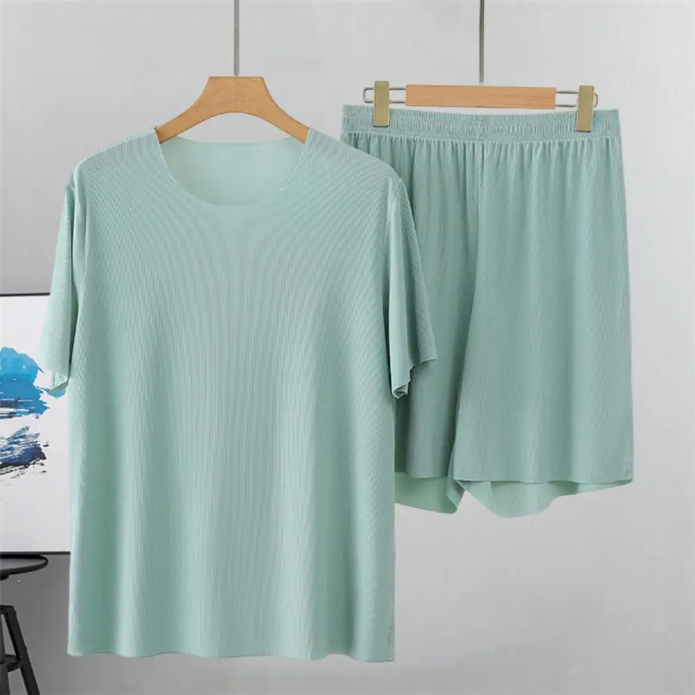 2Pcs/Set Men Loungewear O-Neck Short Sleeve Tops Elastic Waist Wide Leg Shorts Set Ice Silk Loose Homewear Seamless Pajama Set