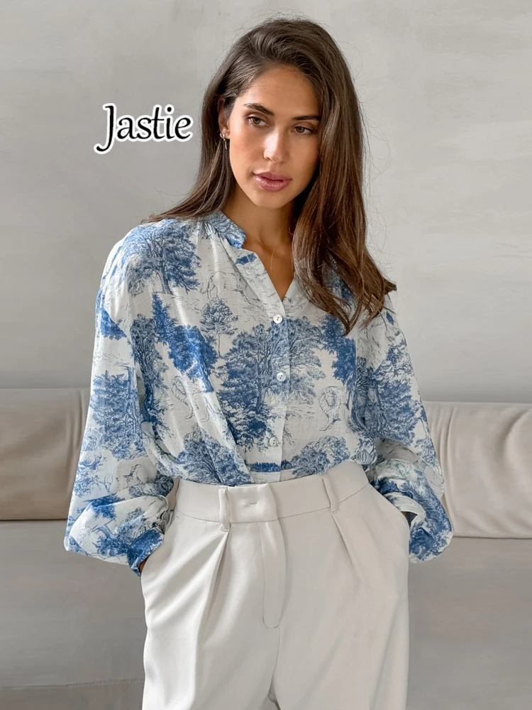 

Jastie Stand Collar Elegant Blue Print Blouses Womens Lantern Sleeves Office Button Blouses And Tops Autumn 2024 Female Shirts