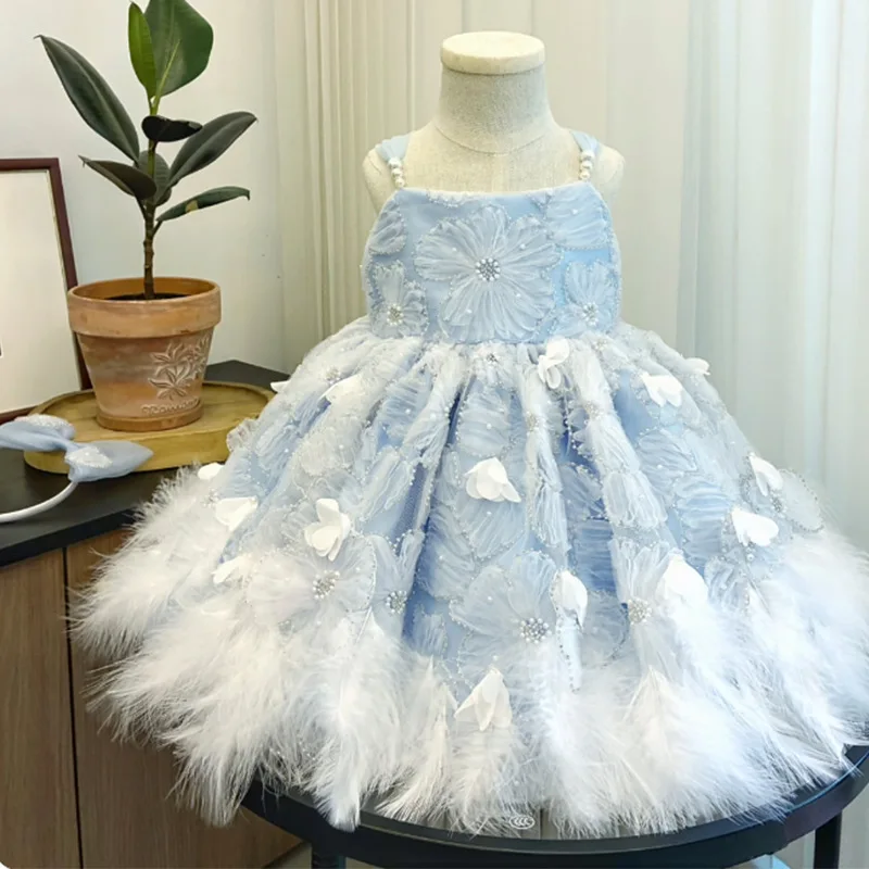 Baby Kids Princess Satin Lace Beading Flower Girl Dress Children First Communion Dress Ball Gown Wedding Party Dress Birthday