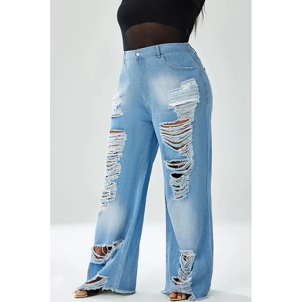 Fashion plus size women's jeans commuting leisure four seasons denim hollow wide leg trousers