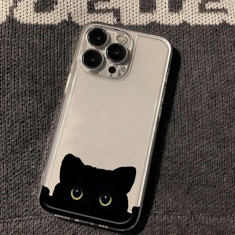 حافظة هاتف محمول لطيفة على شكل قطة سوداء مناسبة لهاتف iPhone17Promax شفافة لهاتف Apple 16Pro Space 14/15