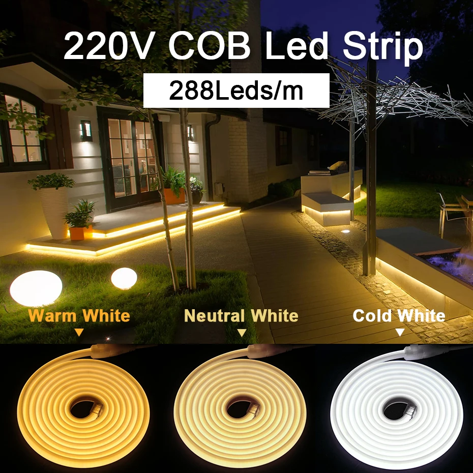 COB LED Strip Light AC 220V Led Neon Ribbon 288LEDs/m IP65 Waterproof Flexible Lights Tape For Outdoor Lighting Decoration